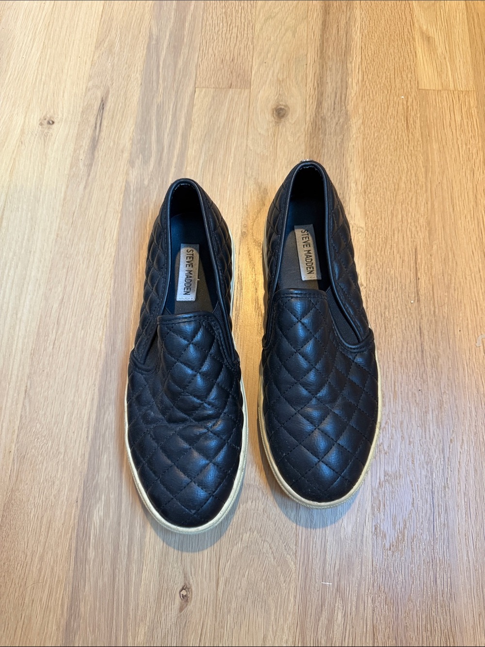 Steve Madden Quilted Black Slip-On Sneakers with Cream Sole